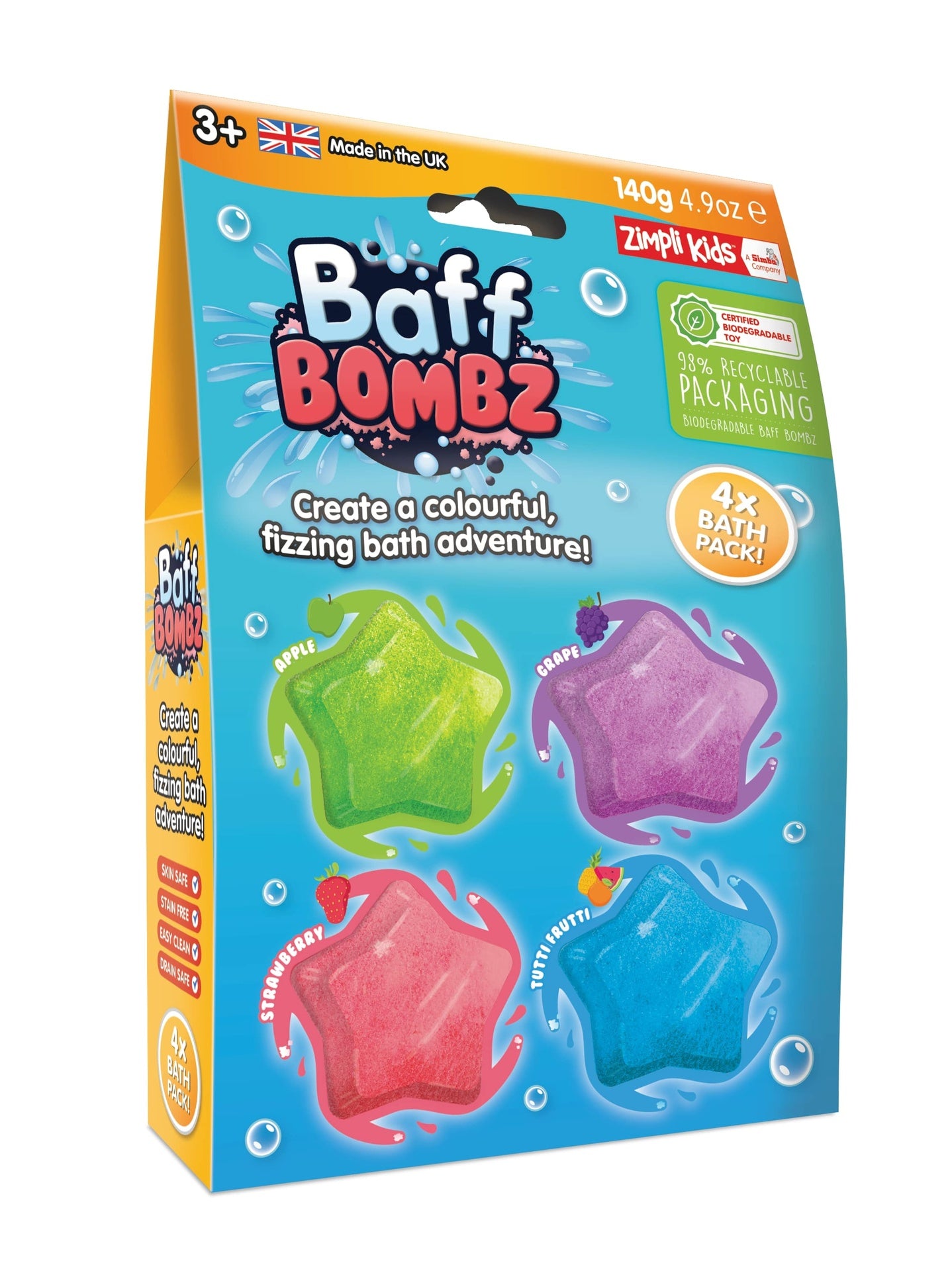 Baff Bombz 4 Pack Star Contains: 4 X 35G Baff Bombz, Red , Green, Blue & Purple, 8 Count Cdu