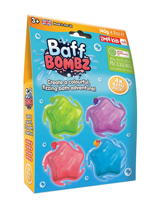 Baff Bombz 4 Pack Star Contains:  4 X 35G Baff Bombz, Red , Green, Blue & Purple, 8 Count Cdu